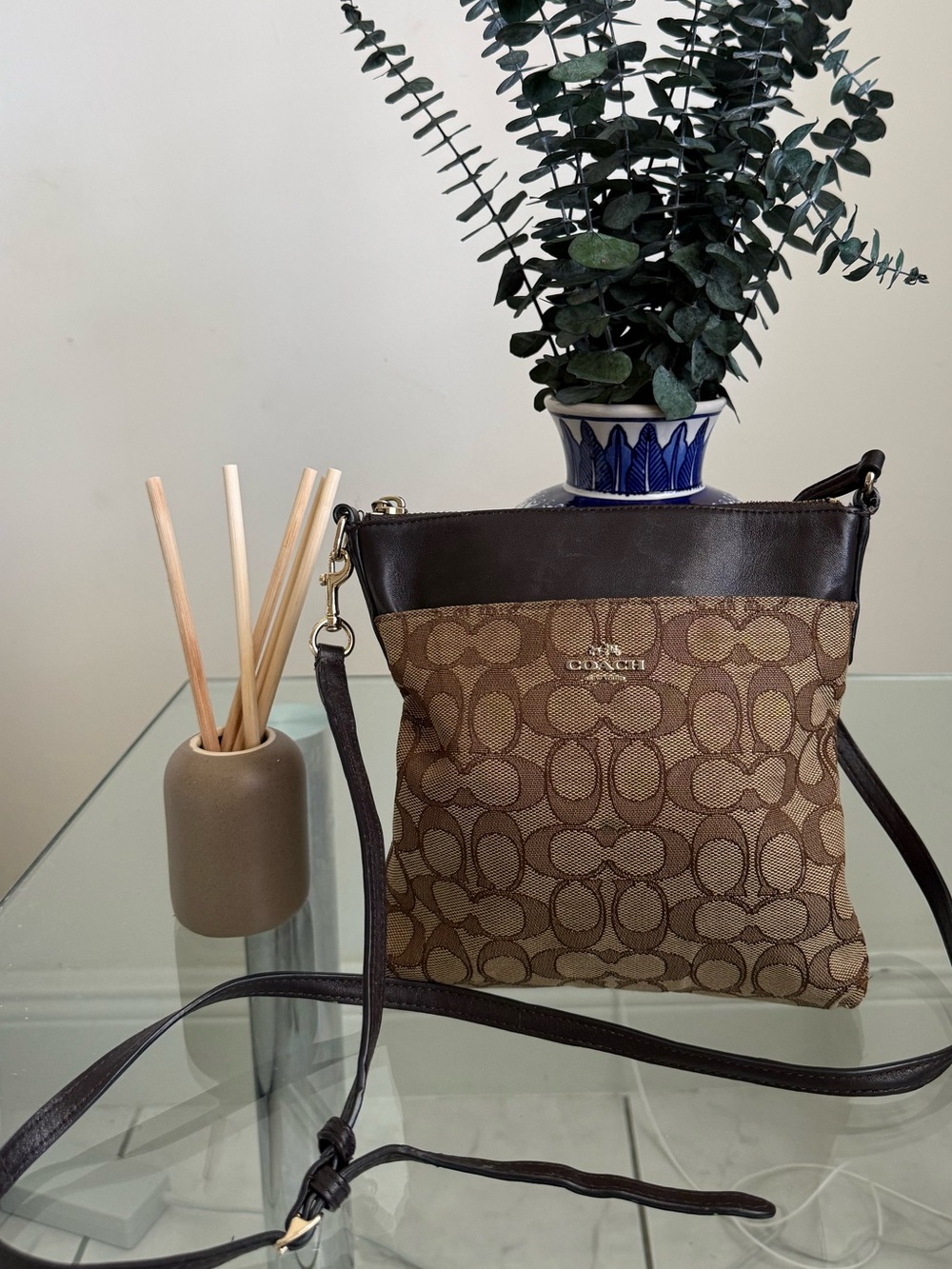 Coach Brown Signature Crossbody Bag with Dark Brown Trim